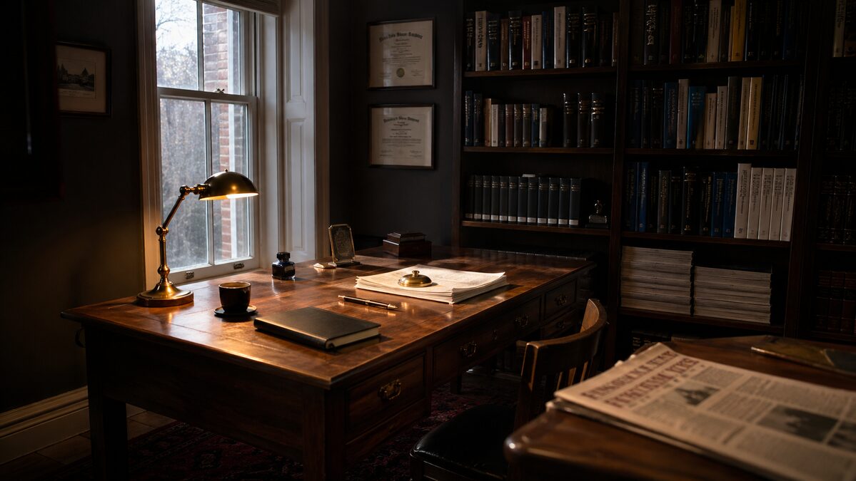 A quiet private working office: a wooden desk angled near a tall sash window, a brass desk lamp lit warm, a closed Moleskine notebook, a fountain pen, a half-finished cup of coffee, dark-stained bookshelves filled with technical volumes behind.