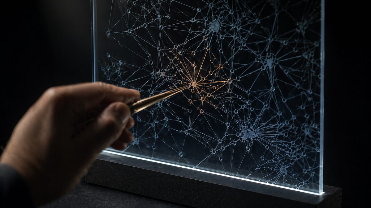 A pristine glass display panel etched with a dense financial-transaction graph in cool steel-blue lines, with one small region re-etched in warm amber as a subtle adversarial perturbation; a hand and brass forceps reach in from the foreground.
