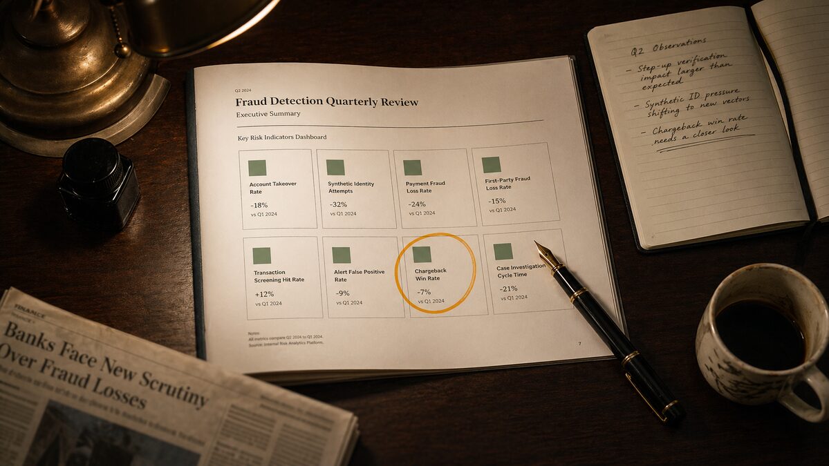 An overhead close-up of a printed quarterly fraud-detection report on a walnut desk, lit by a single warm lamp; one of its green-checkmarked KPI tiles has been hand-circled in warm amber ink.