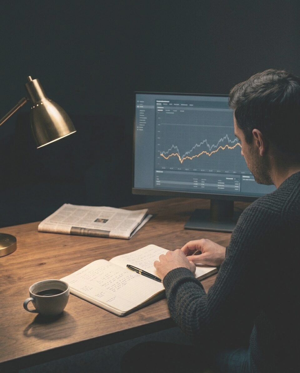 A single security analyst seated at a private desk in a dim office at night, photographed from a side-behind angle. A brass desk lamp throws a soft warm pool over an open paper notebook, a fountain pen and a coffee cup; the matte-black monitor in front of them shows a quiet financial-monitoring dashboard with one trace line in warm amber.